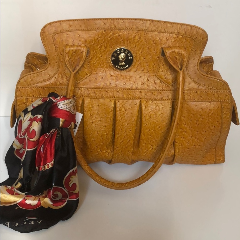 Vecceli Italy Ostrich Satchel Handbag Tan